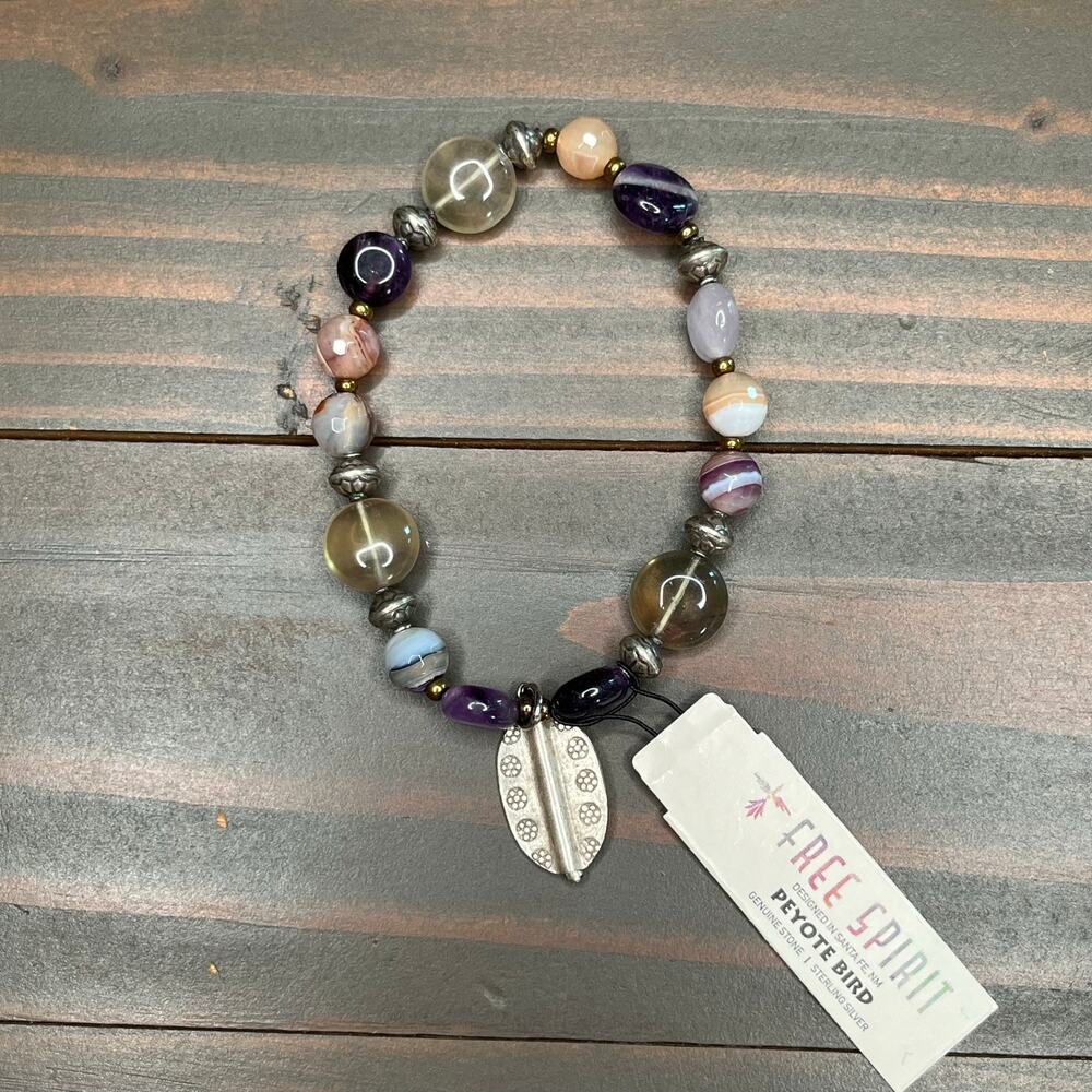 Peyote Bird Free Spirit Sterling Silver Leaf Natural Stone Stacking Bracelet NWT